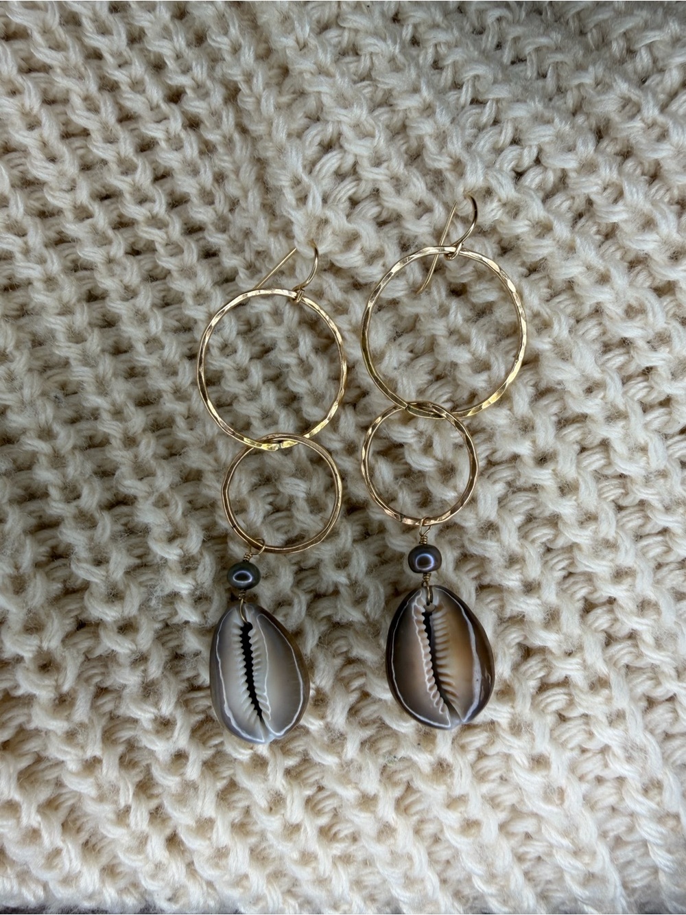 14K Gold Hoop Shell Drop Earrings - Picture 2 of 7